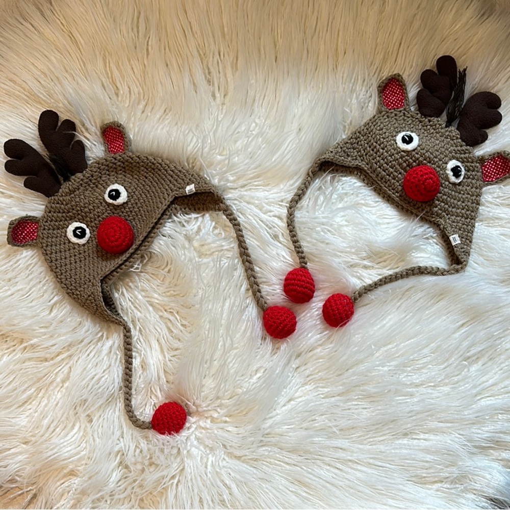 Handmade Reindeer Crochet Earflap Hat with Pom Poms - Brown & Red